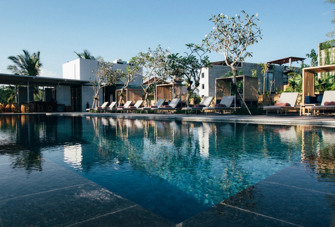 Bisma Eight hotel pool with modern architecture, tropical vegetation and jungle views in Ubud, Bali.