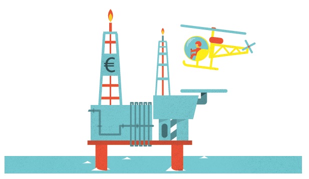 Illustration of an offshore oil platform with drilling towers, a euro symbol, and a helicopter.