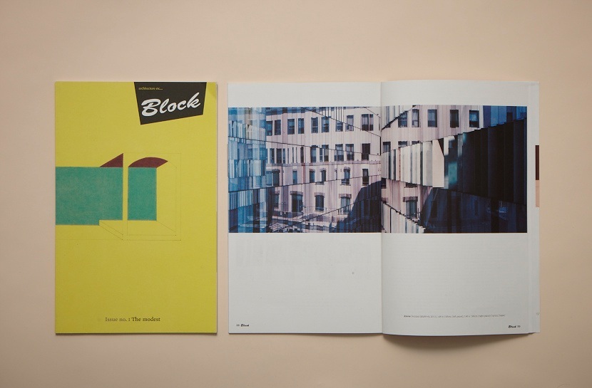 Block architecture magazine with yellow cover and open spread showing urban building photograph.