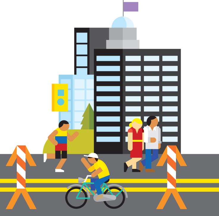 Illustration of Bogotá's ciclovía showing pedestrians, cyclists and city buildings with construction barriers.