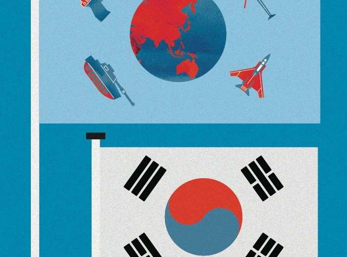 Illustration of South Korean flag with global military weapons and aircraft surrounding a world map.