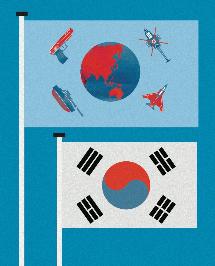 Illustration of South Korean flag with global military weapons and aircraft surrounding a world map.