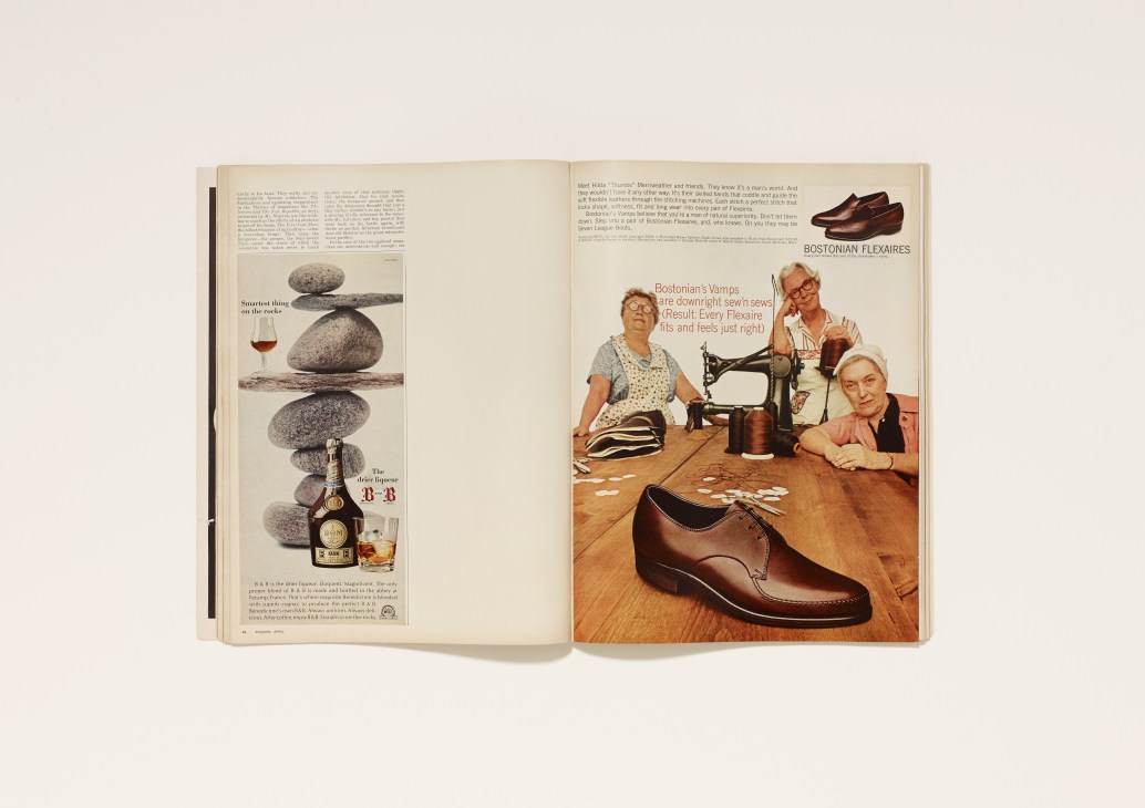 Magazine spread showing Bostonian flexaires shoes and women at a sewing machine in a factory setting.