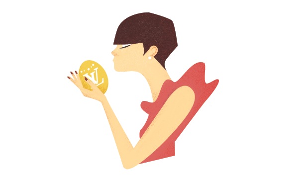 Illustration of a woman with dark hair holding a golden coin near her face.