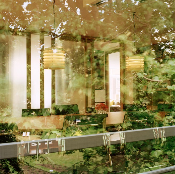 Meeting room with pendant lights viewed through foliage from a balcony overlooking greenery.