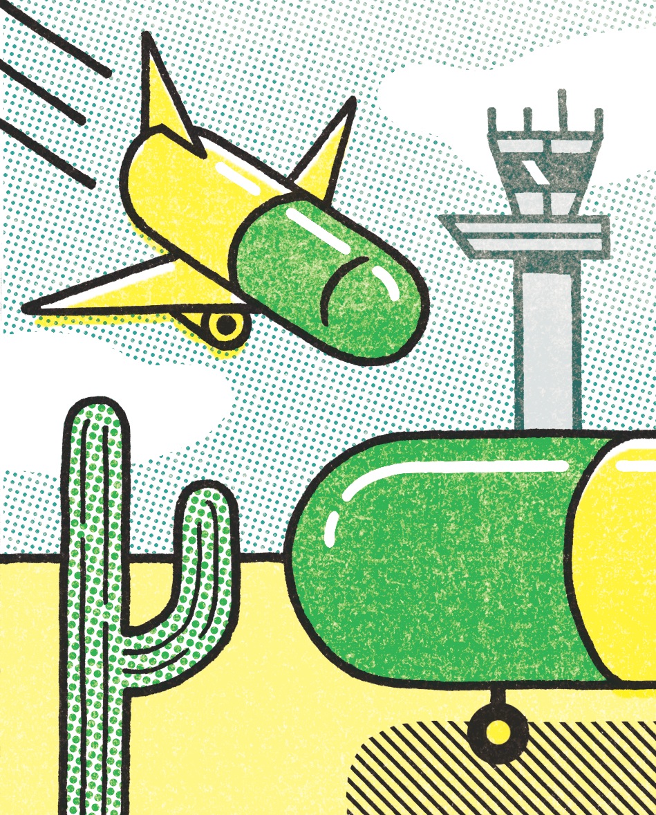 Illustration of a plane, control tower, cactus, and pharmaceutical bottle representing Mexico's drug trade and border commerce.