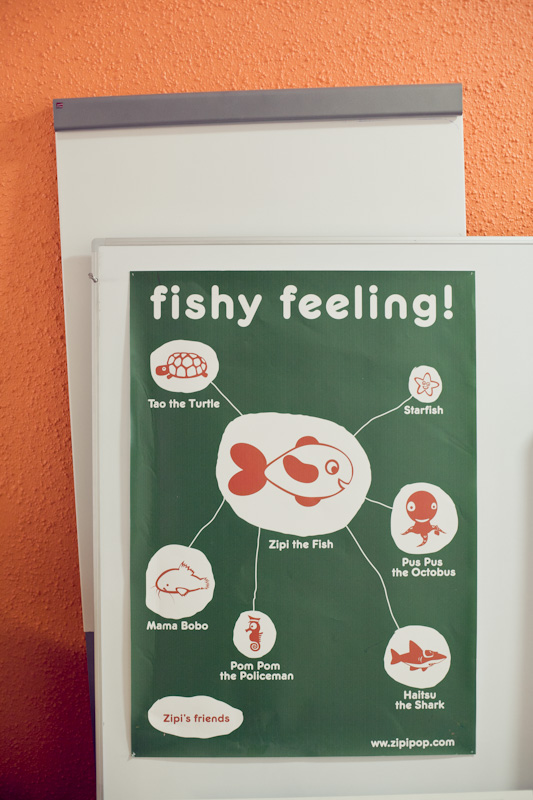 Zipipop poster showing 'fishy feeling!' with illustrated sea creatures connected to central fish character