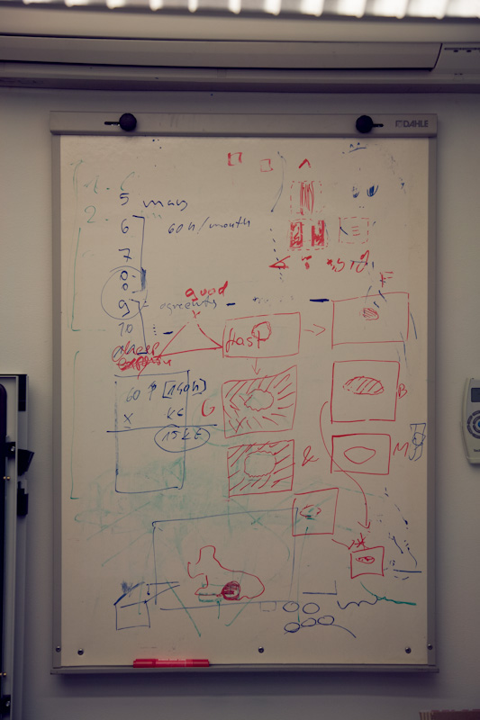 Whiteboard covered with technical diagrams, equations, and sketches in red, blue, and green marker.