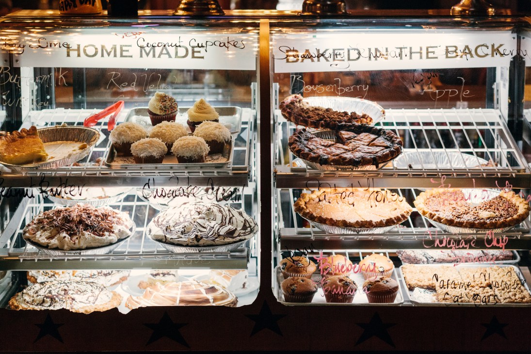 Display cases of homemade baked goods and pastries at Brite Spot diner in Los Angeles.
