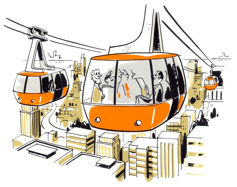 Illustration of orange cable cars suspended above an urban cityscape with passengers visible inside.