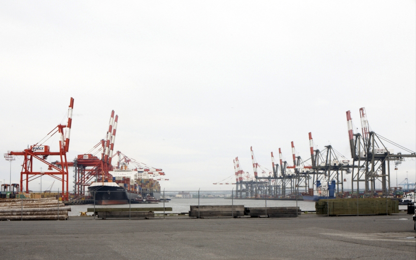 Container cranes at Newark's port with cargo ships docked at the waterfront.