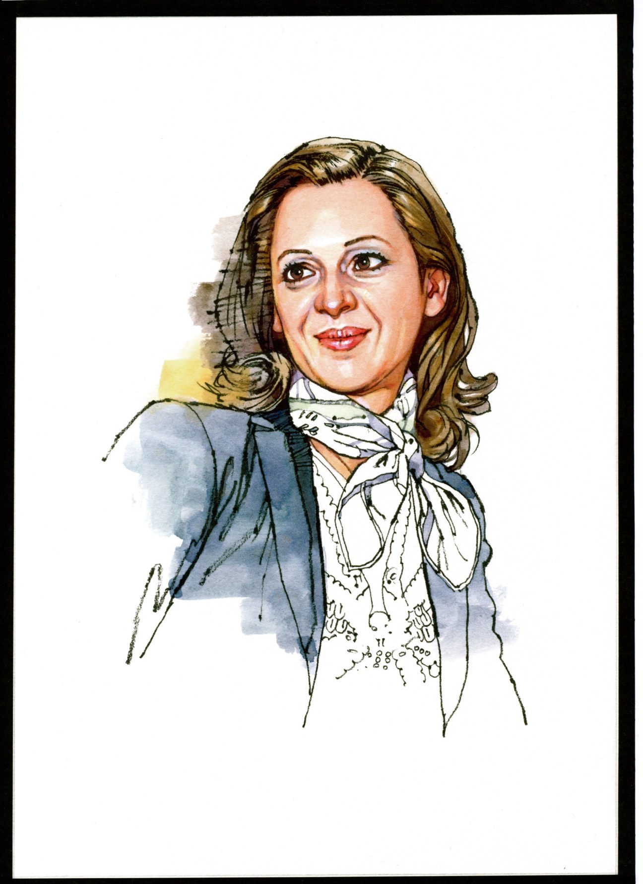 Watercolor illustration of Catarina Portas, a woman with shoulder-length blonde hair wearing a blue blazer and white patterned scarf.