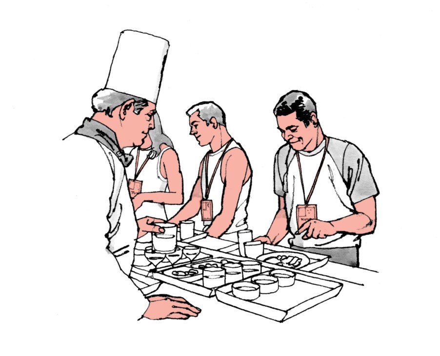 Illustration of a tall chef in white hat supervising two workers preparing food at a counter.