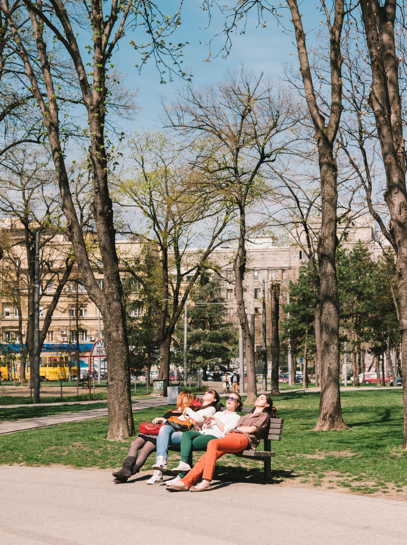 Four people relaxing on a bench under tall trees in Tasmajdan Park, Belgrade
