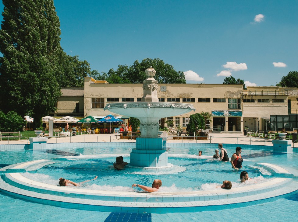 Swimmers enjoy the thermal pools at Margaret Island's Hajos Alfred National Swimming Pool complex in Budapest.