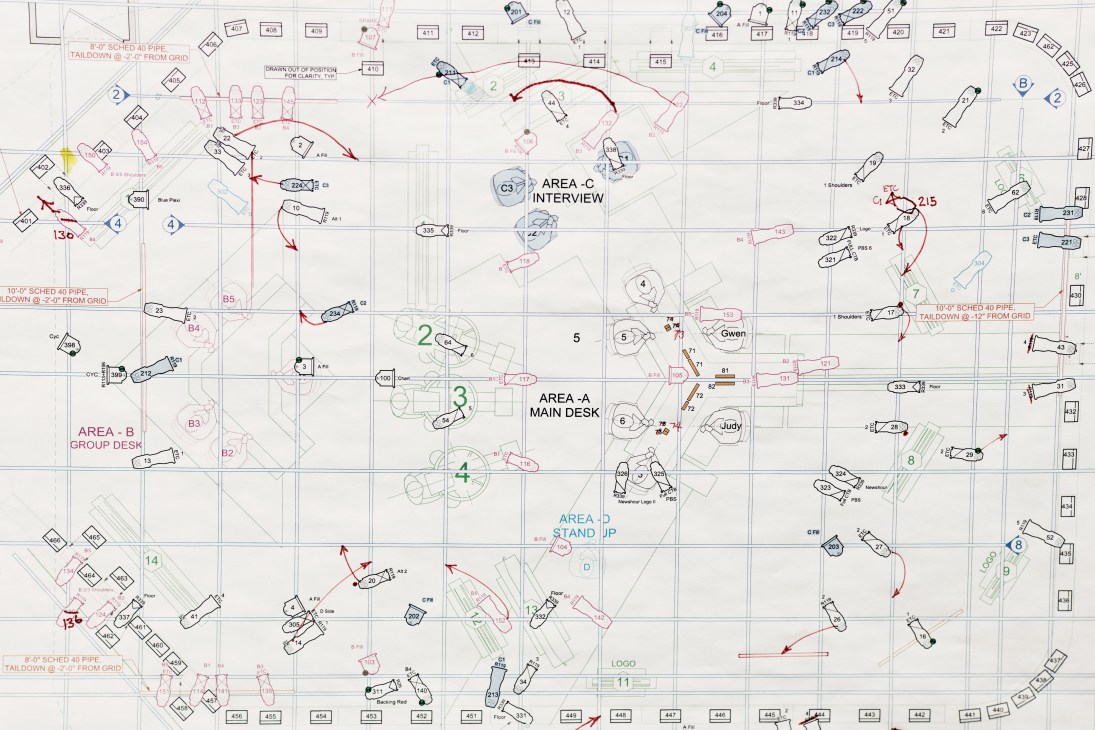 Technical floor plan diagram of PBS Newshour studio in Arlington, Virginia with labeled areas and equipment zones.