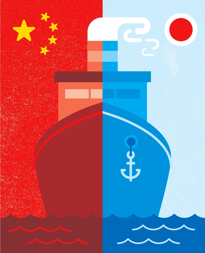 Illustration depicting China and Japan facing off across waters with maritime and national symbols.