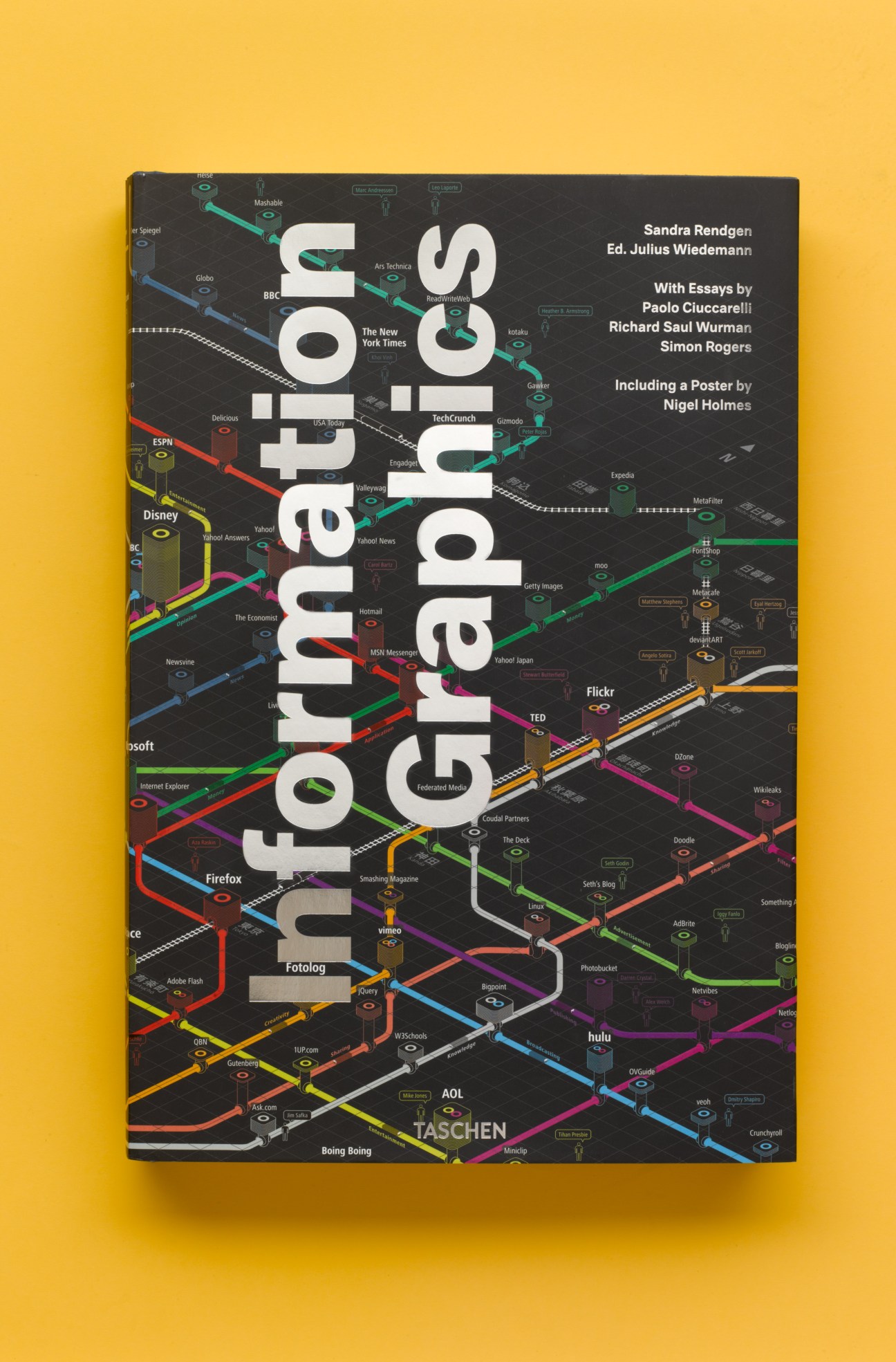 Book cover with colorful infographic design on yellow background showing interconnected data visualization.