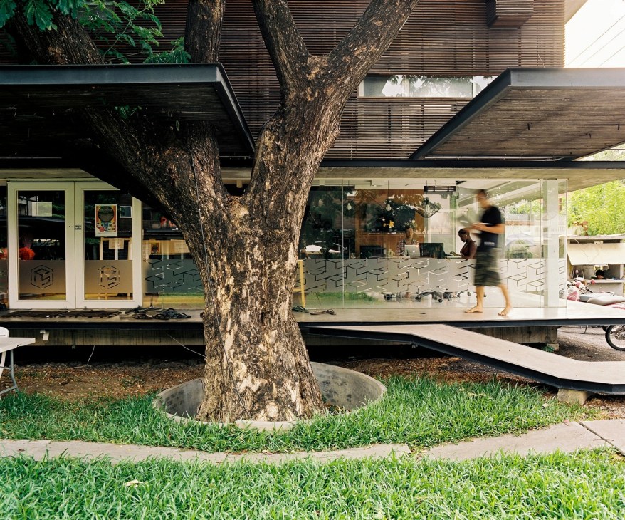 Modern glass-fronted Punspace workspace with large tree trunk in foreground, Nimmanhaeman area.