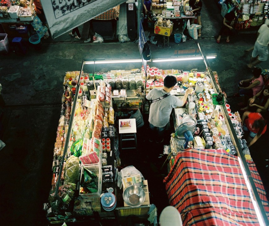 Aerial view of a vendor's stall at Worarot Market in Chiang Mai, Thailand.
