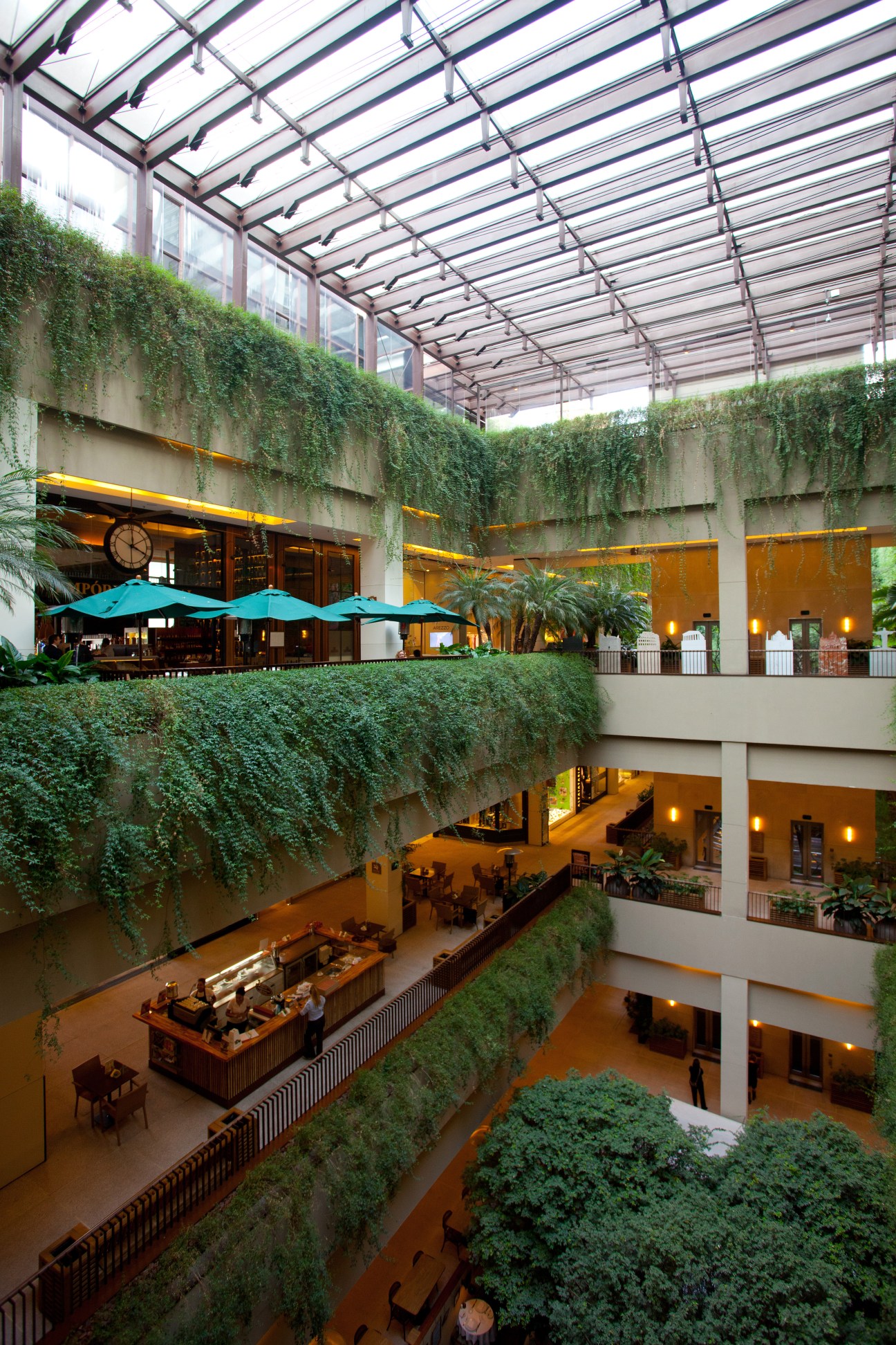 Interior atrium of Cidade Jardim shopping mall with cascading ivy, multiple levels, glass ceiling and orange-toned flooring.