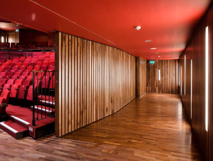 Modern corridor with red ceiling, wooden slat walls, and theater seating visible through glass partition.