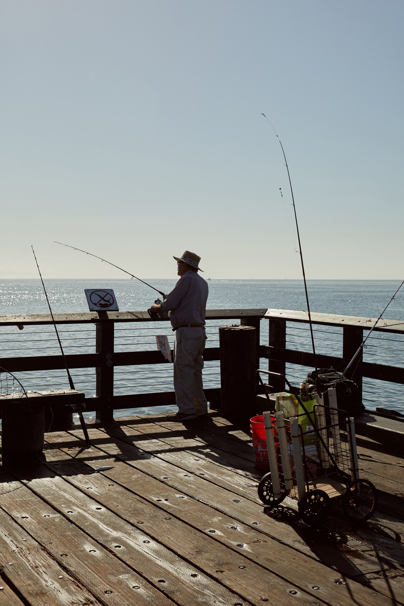 An older man in a hat fishing from a sunny wooden pier over the ocean, with multiple rods set up