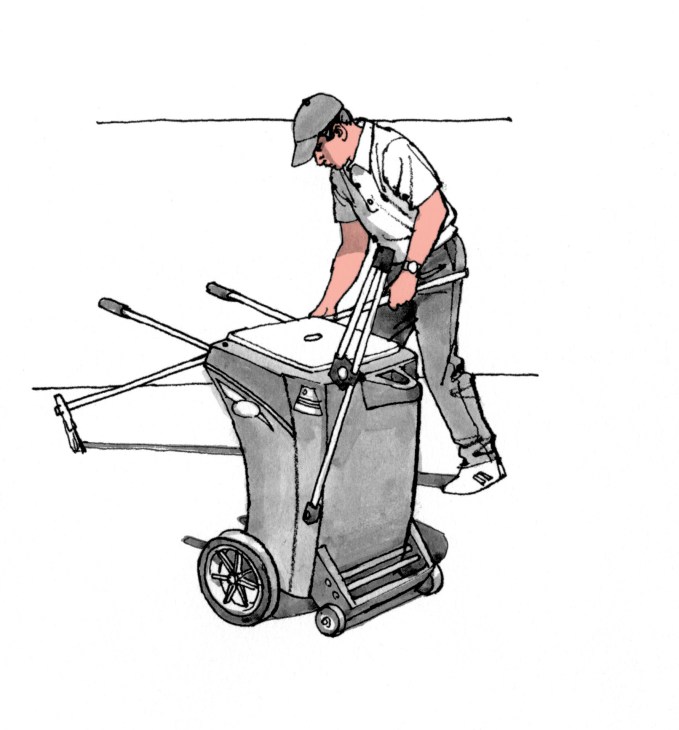 Illustration of a cleaner operating a floor cleaning machine with a cart.