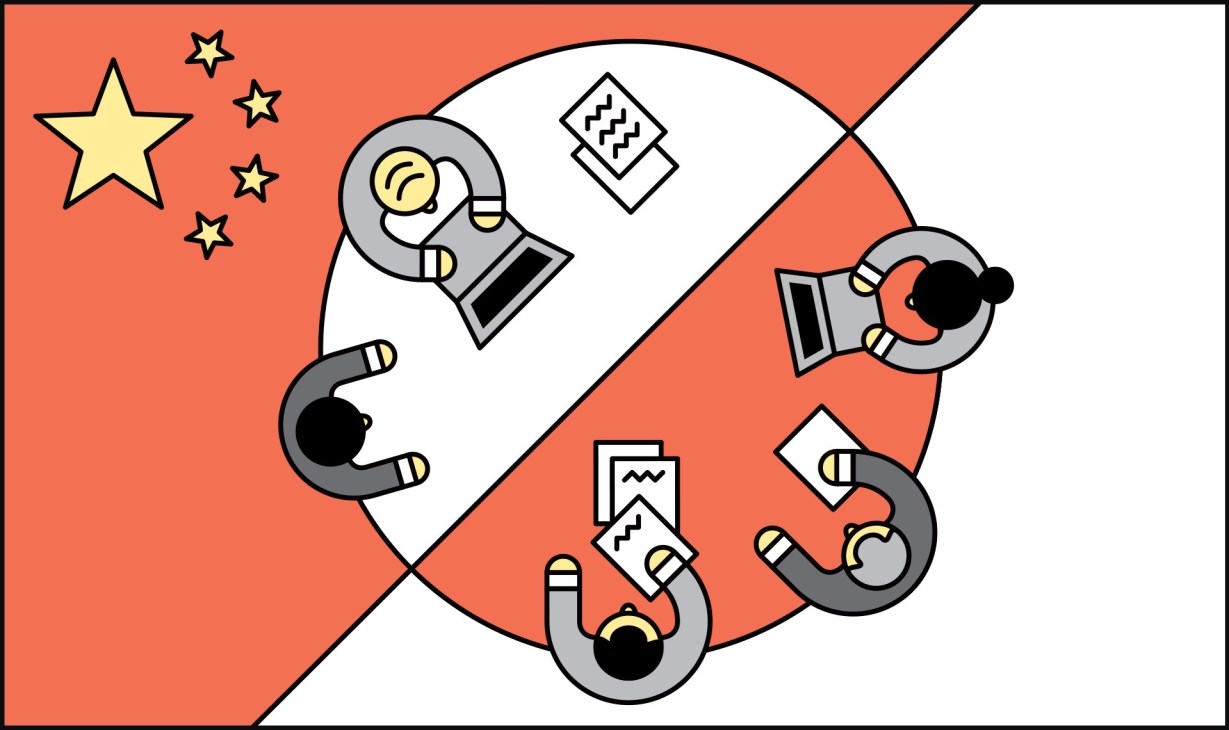 Illustration of four astronauts in spacesuits around a divided circle with Chinese and Japanese flags.