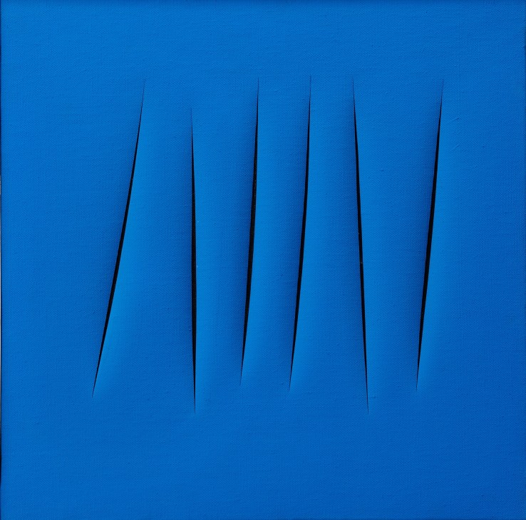 Lucio Fontana's Concetto Spaziale, Attese: blue canvas with six black vertical slits.