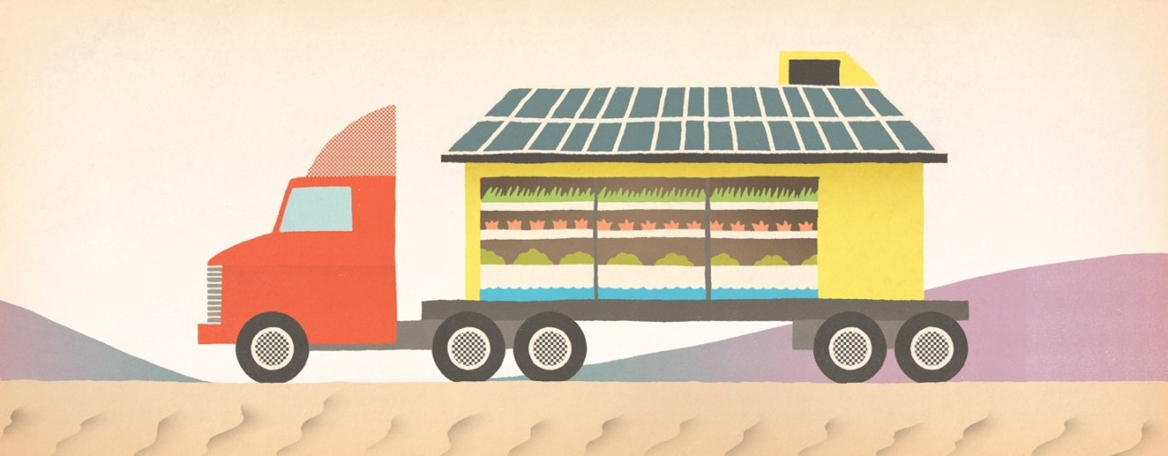 Illustration of a red truck carrying a yellow shipping container with hydroponic farming equipment and solar panels.
