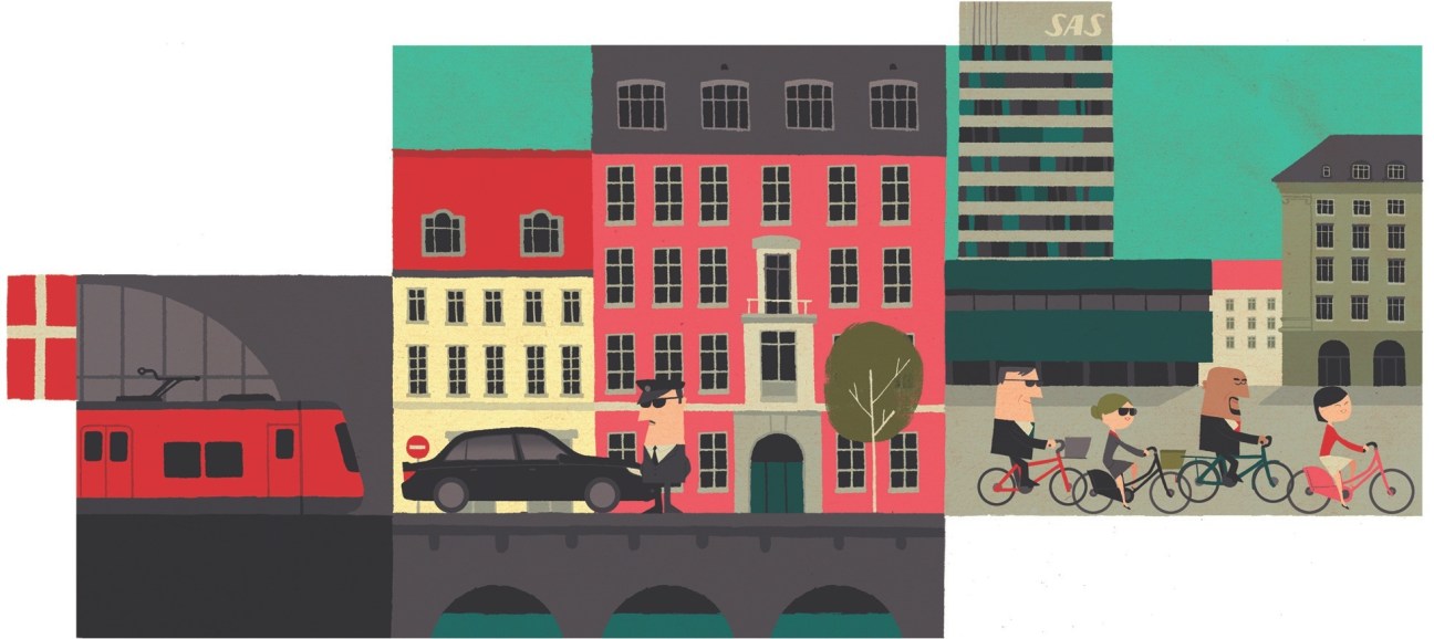 Illustration of Copenhagen cityscape with colorful buildings, cyclists, train, and pedestrians.