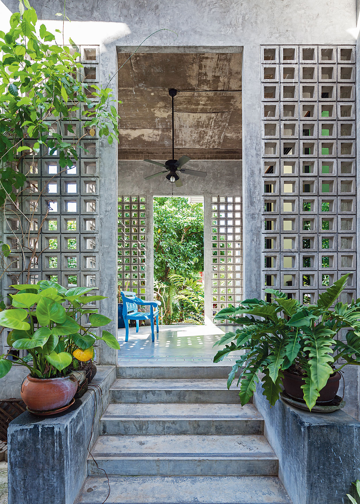 Concrete block walls with geometric openings frame stairs with planters containing tropical vegetation