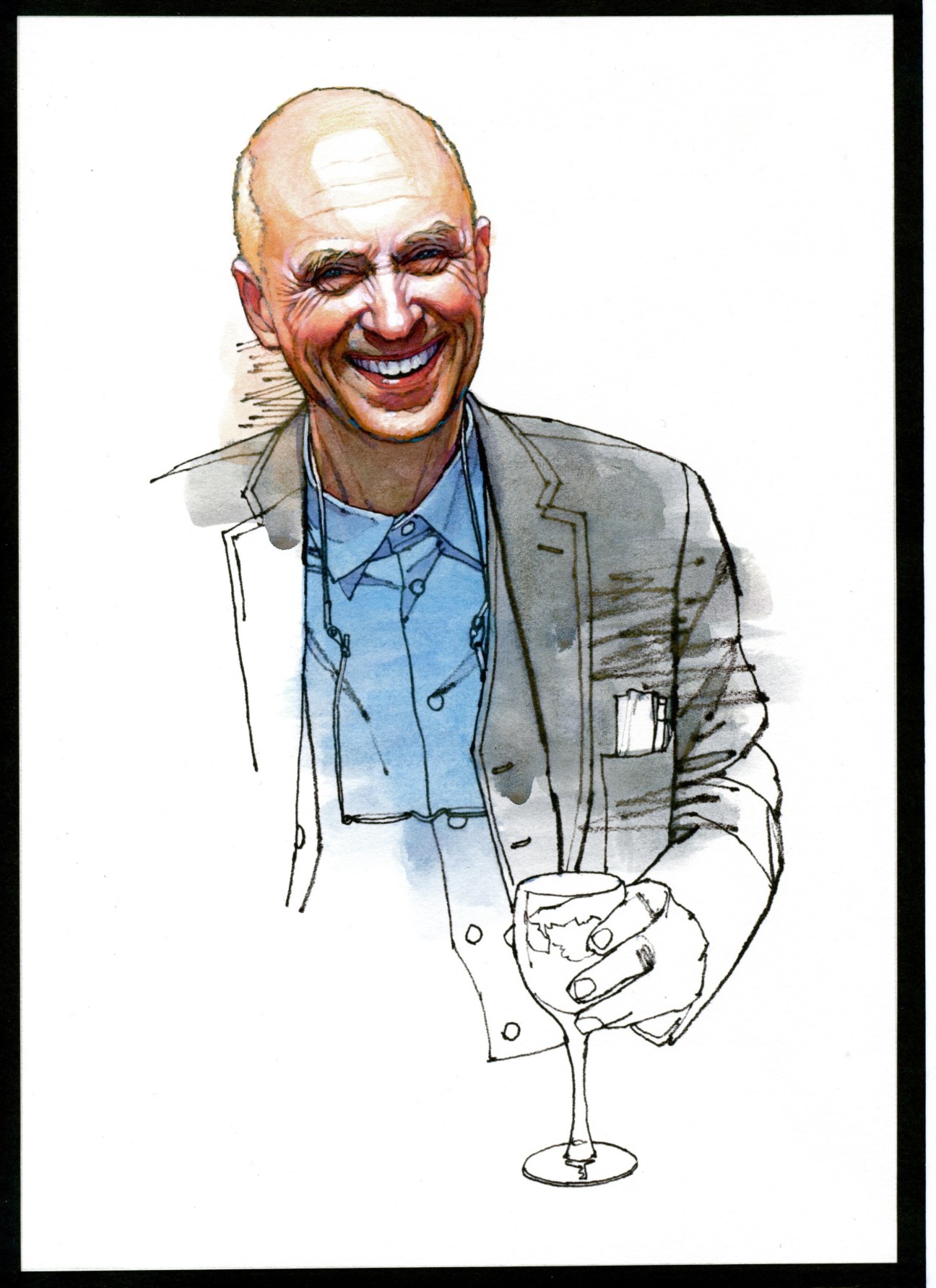 Illustration of Curt Engelhorn, a bald man in a grey blazer and blue shirt, smiling while holding a champagne glass.