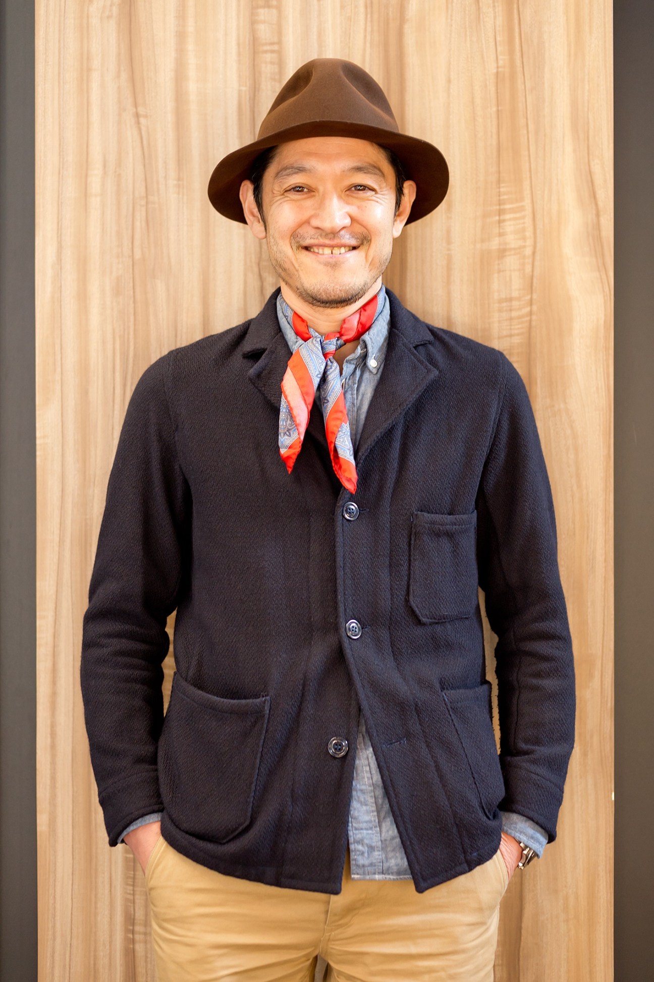 Shinji Kitada, organiser of Jumble trade show, wearing brown hat and navy blazer