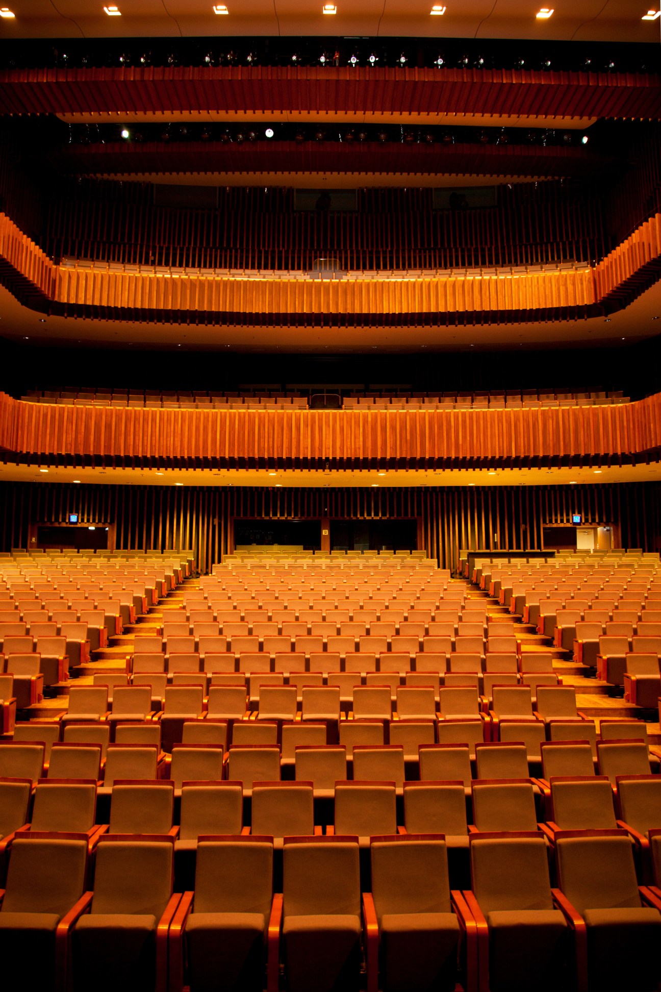 Interior of Dadong Art Centre showing empty orange seats and red curtains in a modern performance venue.