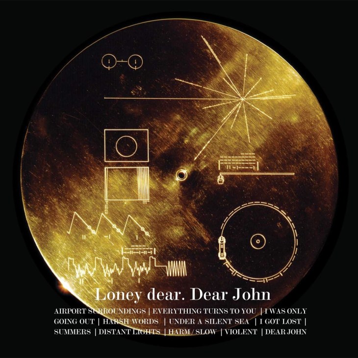 Loney Dear's album cover for Dear John featuring gold line drawings on a textured bronze-gold circular background with track listing.