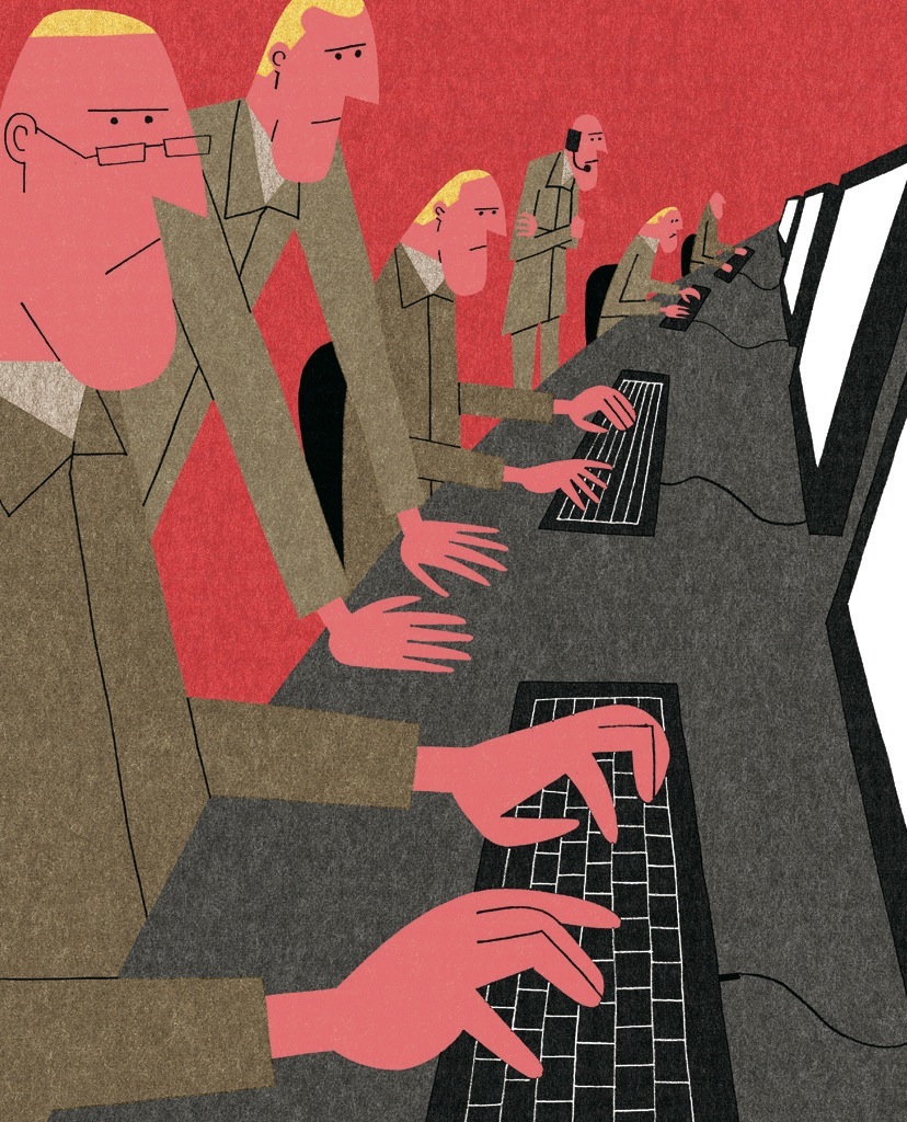 Illustration of military personnel in uniforms operating computers and keyboards against a red background.