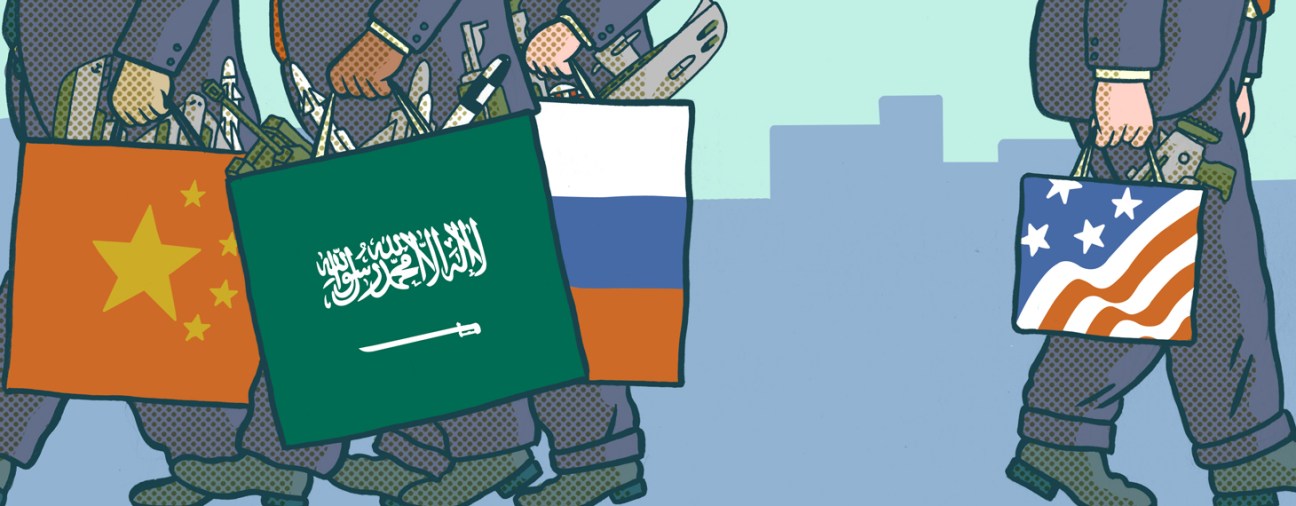 Illustration of soldiers holding flags of China, Saudi Arabia, Russia, and the United States representing global defence spending shifts.