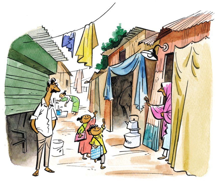 Illustration of a dense urban alleyway in Dharavi, Mumbai, with a doctor and children among residential buildings and laundry.