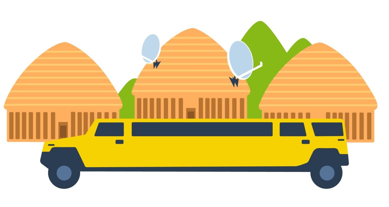 Illustration of a yellow limousine in front of three dome-shaped huts with satellite dishes.