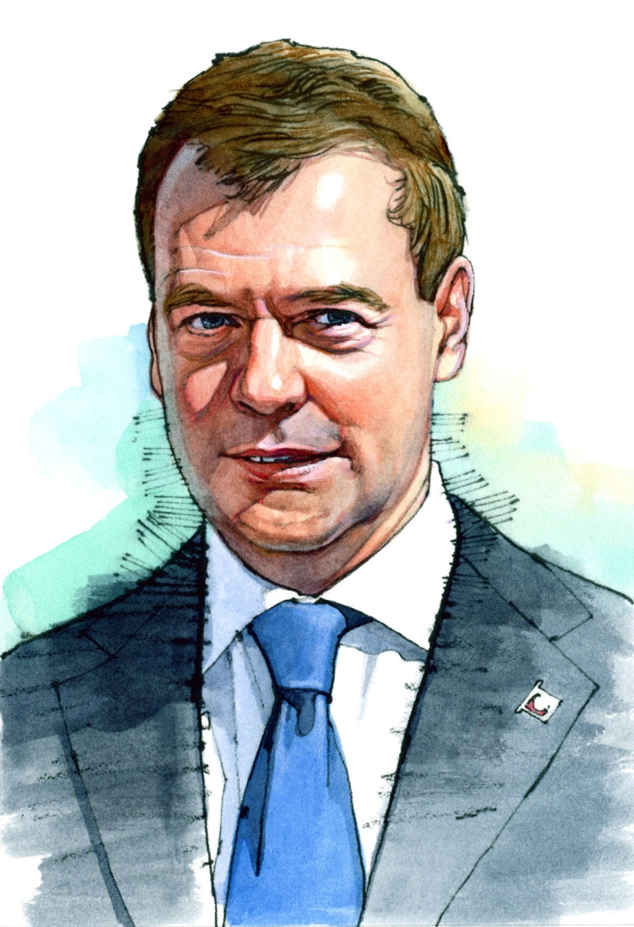 Watercolor illustration of Dmitry Medvedev wearing a gray suit and blue tie.
