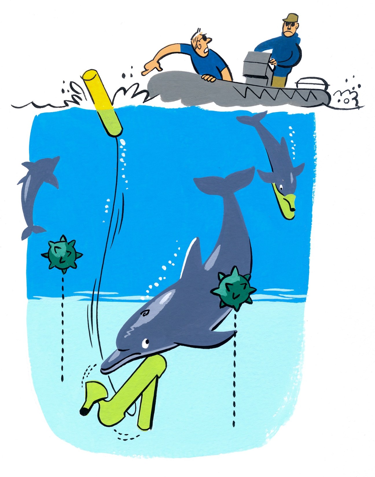Illustration of bottle-nosed dolphins marking underwater mines with floats while naval personnel work from a boat above.
