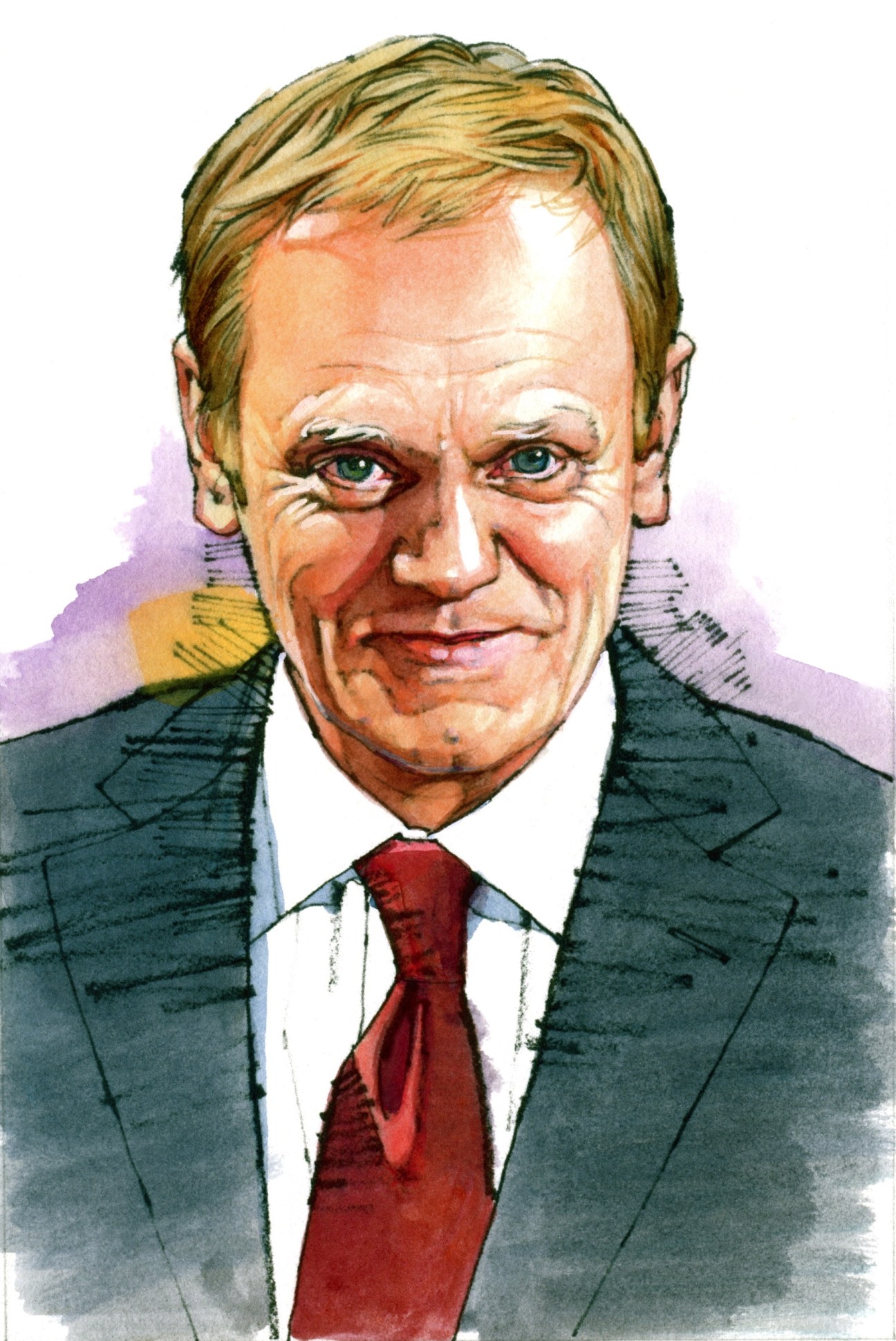 Watercolor illustration of Donald Tusk wearing a dark suit and red tie.