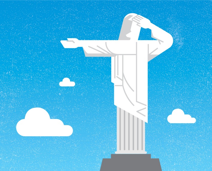 Illustration of Christ the Redeemer statue against a blue sky with white clouds.