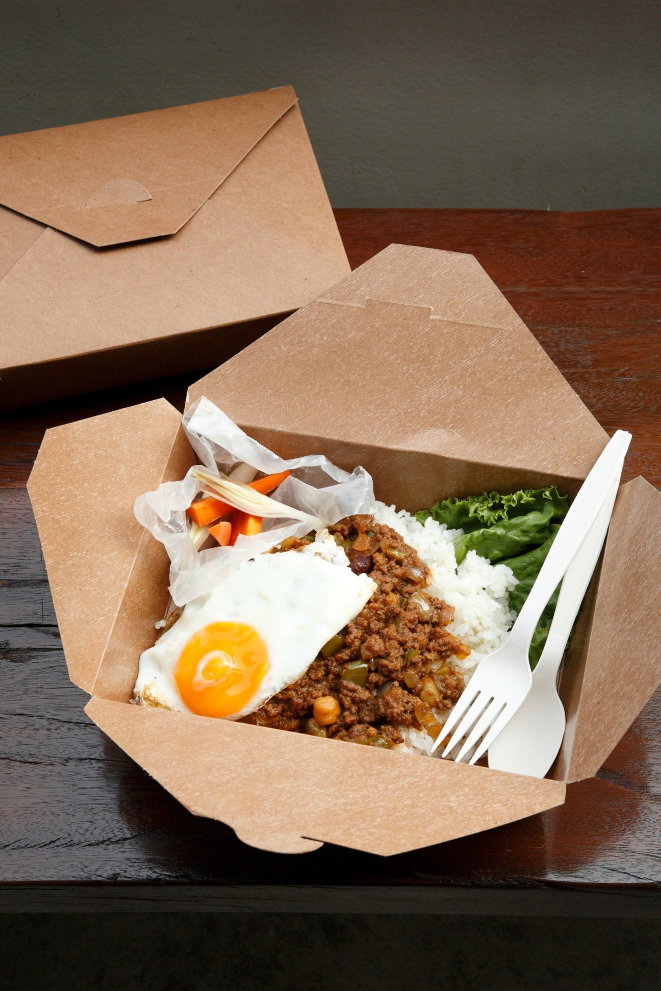 Take-out lunch box from Down the Stairs restaurant containing fried rice with egg, ground meat, vegetables and white plastic fork.