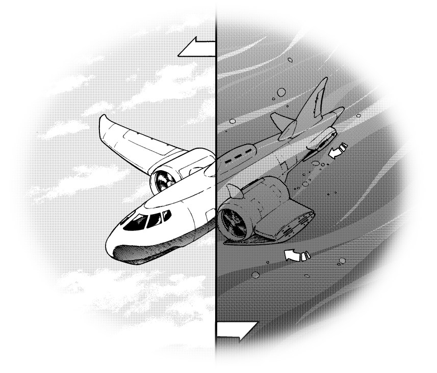 Illustration of aircraft transforming into submarine, showing plane in flight on left and underwater vessel on right.
