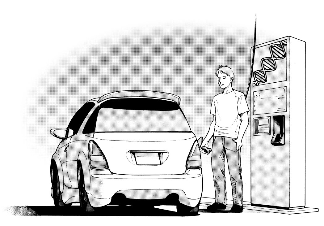 Line drawing illustration of a person charging an electric vehicle at a charging station.