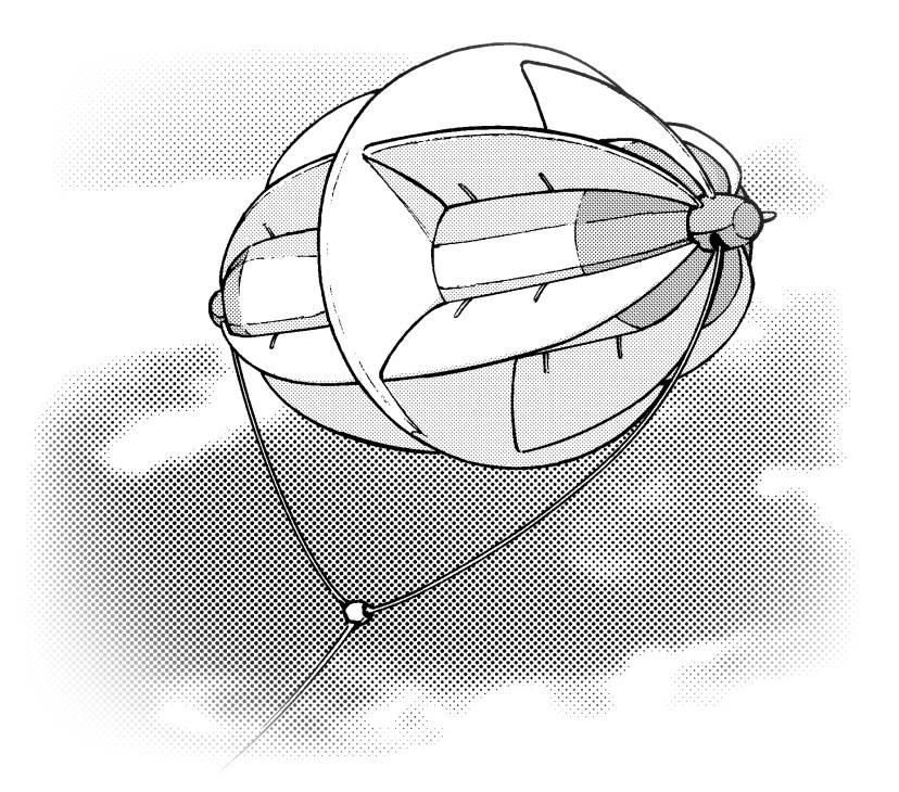 Line drawing illustration of Magenn Power's tethered helium airship with spinning rotor blades for wind energy generation.