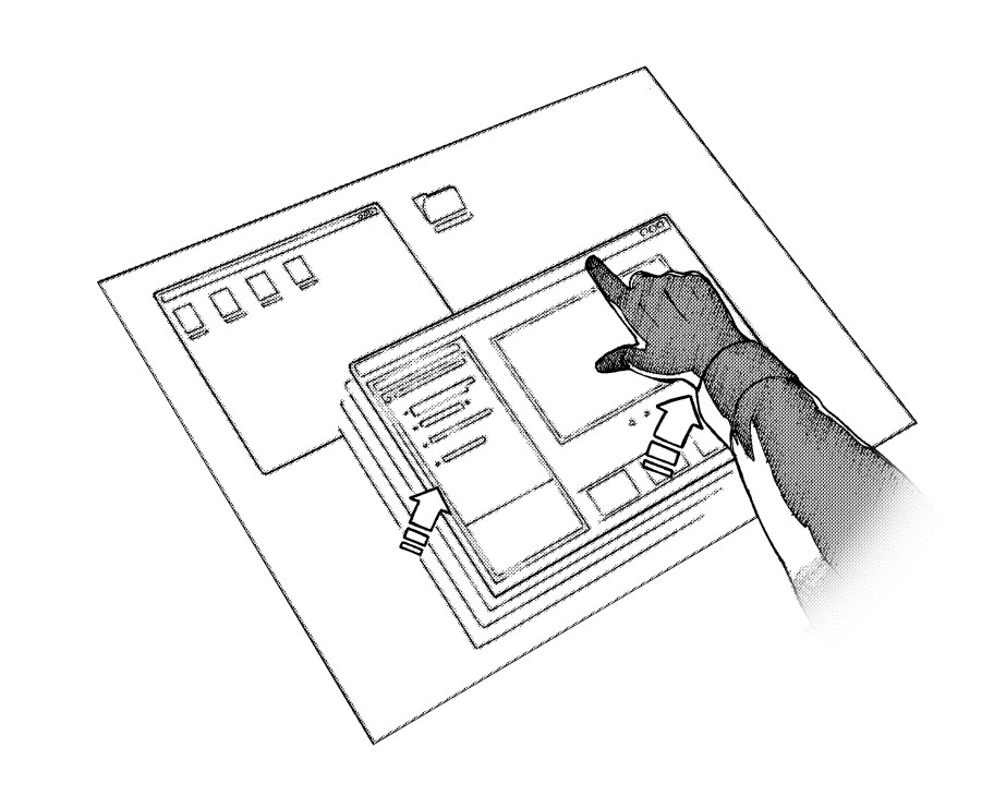 Illustration of hands touching a large multi-touch screen displaying data and images.